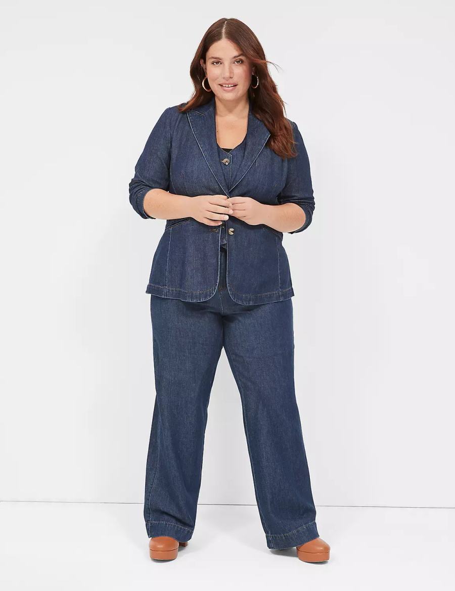 Lane Bryant Fitted Denim Women Blazers Dark Blue | QYD9924QL