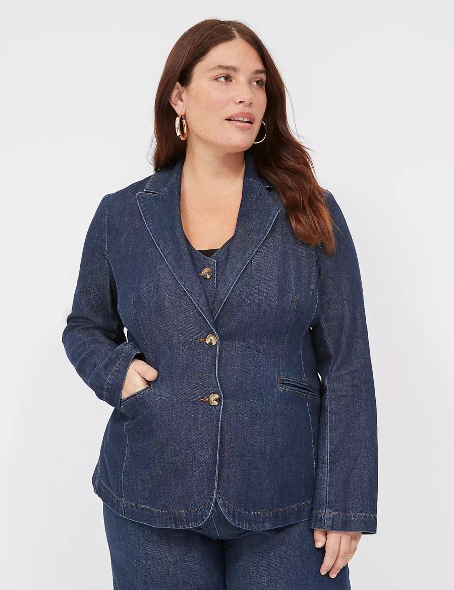 Lane Bryant Fitted Denim Women Blazers Dark Blue | QYD9924QL