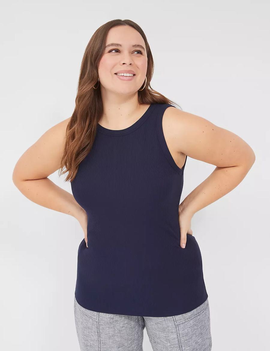 Lane Bryant Fitted High-Neck Rib Women Tank Top Blue | QUM7455AR