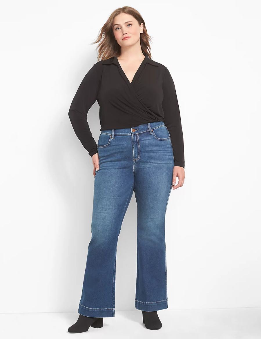 Lane Bryant Fitted Long-Sleeve Surplice Collar Crop Women Shirts Black | BSL4499BZ