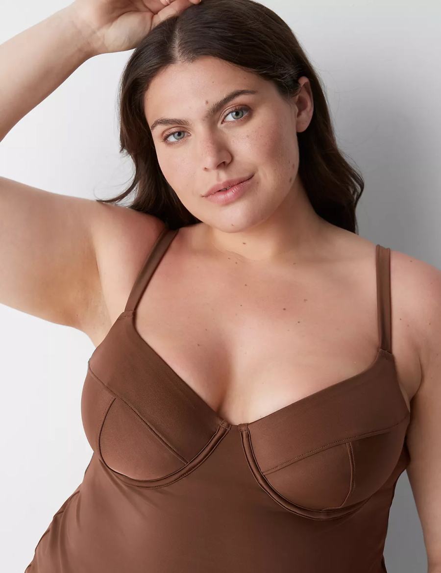 Lane Bryant Fitted Underwire Balconette Swim Tankini Women Bikini Top Dark Brown | WUH7372PW