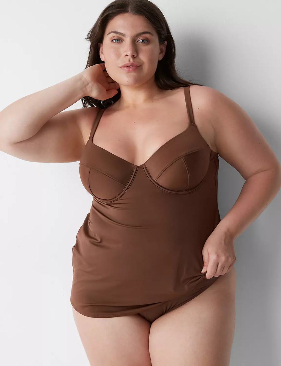 Lane Bryant Fitted Underwire Balconette Swim Tankini Women Bikini Top Dark Brown | WUH7372PW