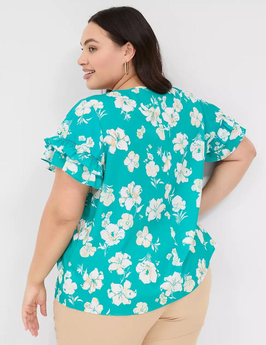 Lane Bryant Flutter-Sleeve Crew-Neck Top Women T Shirts Turquoise | GUM10098KN