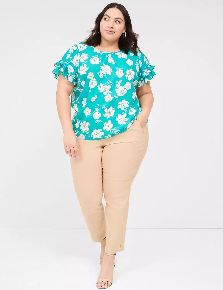 Lane Bryant Flutter-Sleeve Crew-Neck Top Women T Shirts Turquoise | GUM10098KN