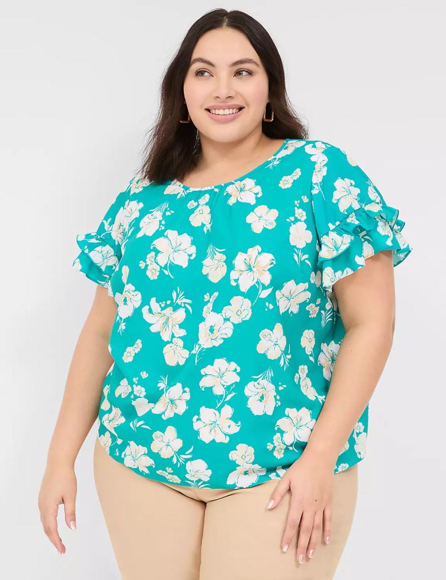 Lane Bryant Flutter-Sleeve Crew-Neck Top Women T Shirts Turquoise | GUM10098KN