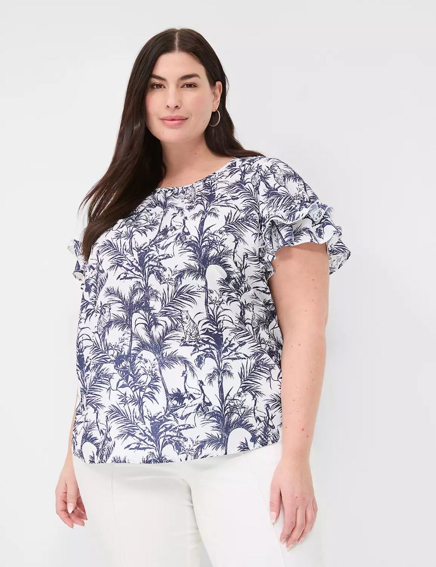 Lane Bryant Flutter-Sleeve Crew-Neck Top Women T Shirts Navy | QLJ7718SD