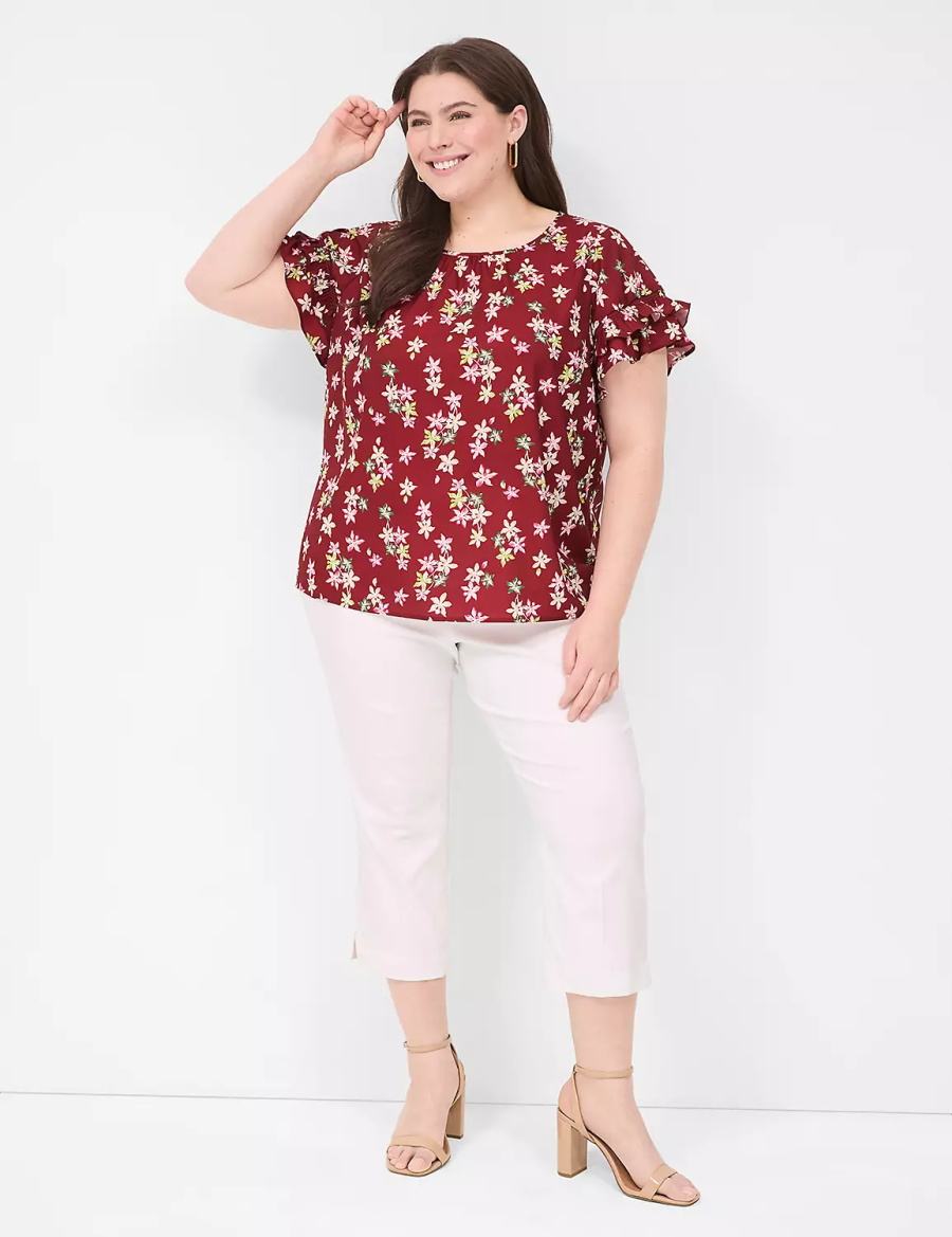 Lane Bryant Flutter-Sleeve Crew-Neck Top Women T Shirts Red Multicolor | JIH7089DY