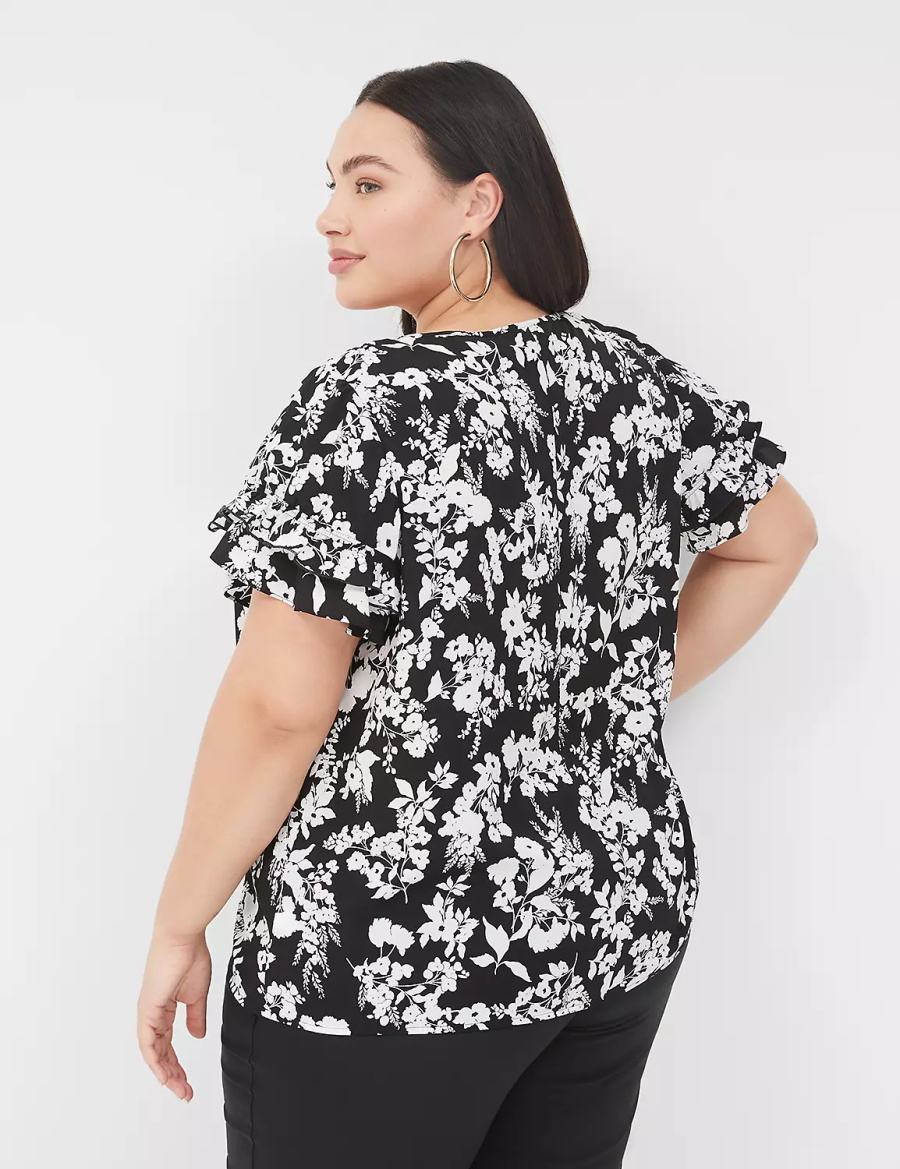 Lane Bryant Flutter-Sleeve Crew-Neck Top Women T Shirts Black | FIR8822XI