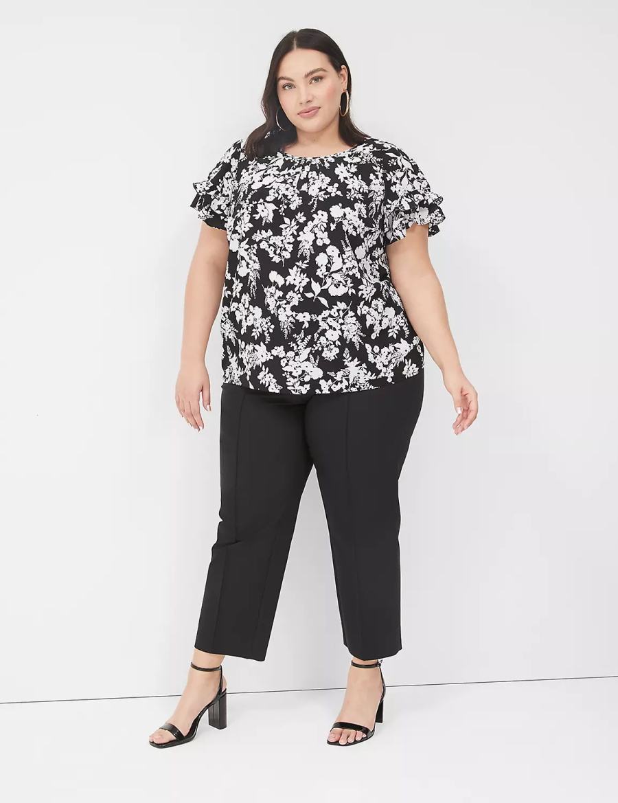 Lane Bryant Flutter-Sleeve Crew-Neck Top Women T Shirts Black | FIR8822XI