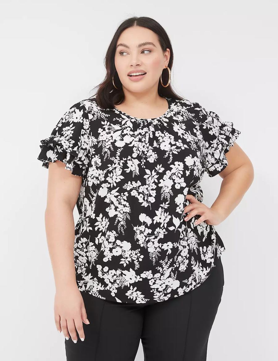 Lane Bryant Flutter-Sleeve Crew-Neck Top Women T Shirts Black | FIR8822XI