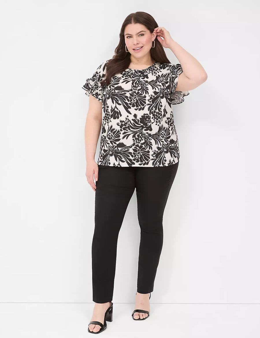 Lane Bryant Flutter-Sleeve Crew-Neck Top Women T Shirts Black | KII3772GR