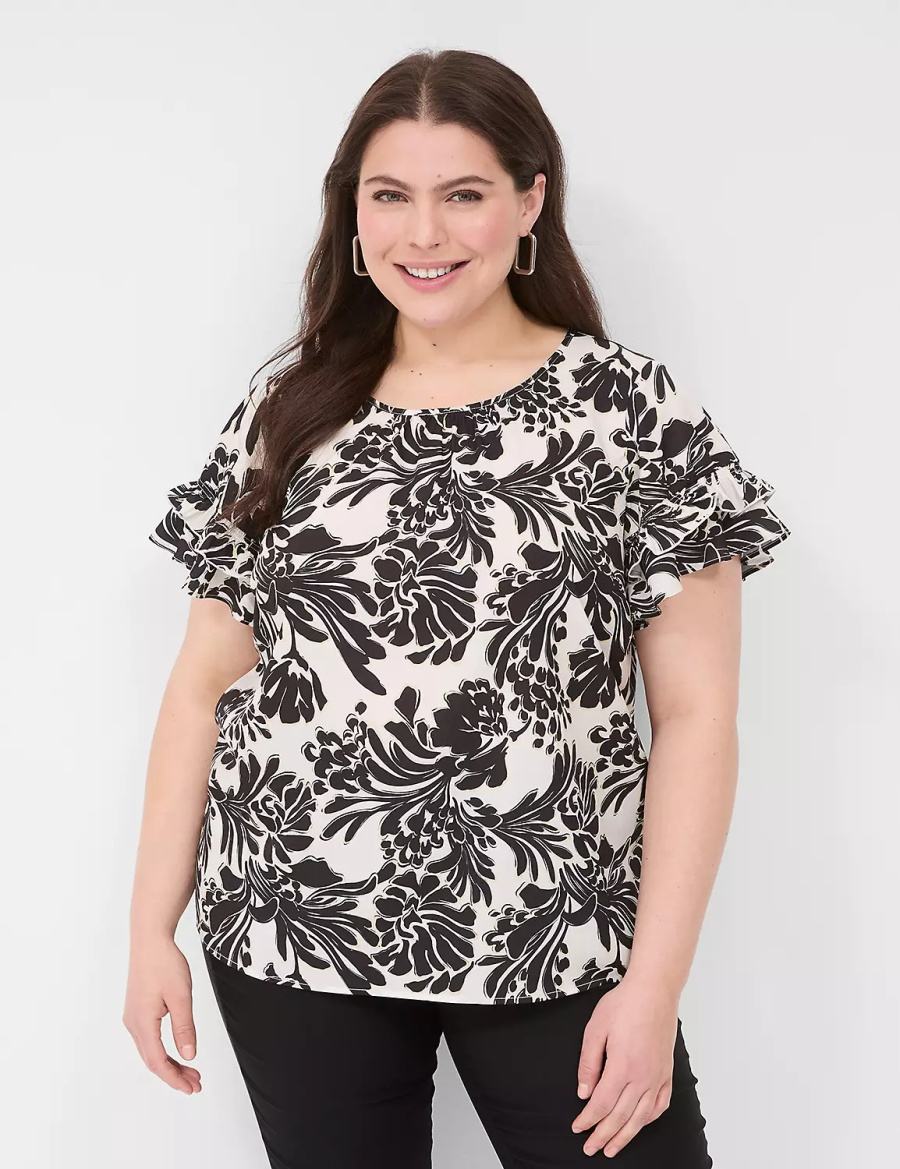 Lane Bryant Flutter-Sleeve Crew-Neck Top Women T Shirts Black | KII3772GR