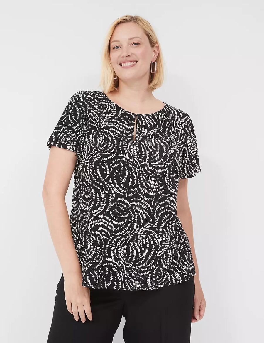 Lane Bryant Flutter-Sleeve Keyhole-Front Top Women T Shirts Black | LDR8228RB