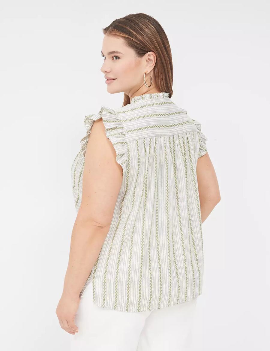 Lane Bryant Flutter-Sleeve Ruffle-Neck Women Blouse Green Stripes | AOD8775MM