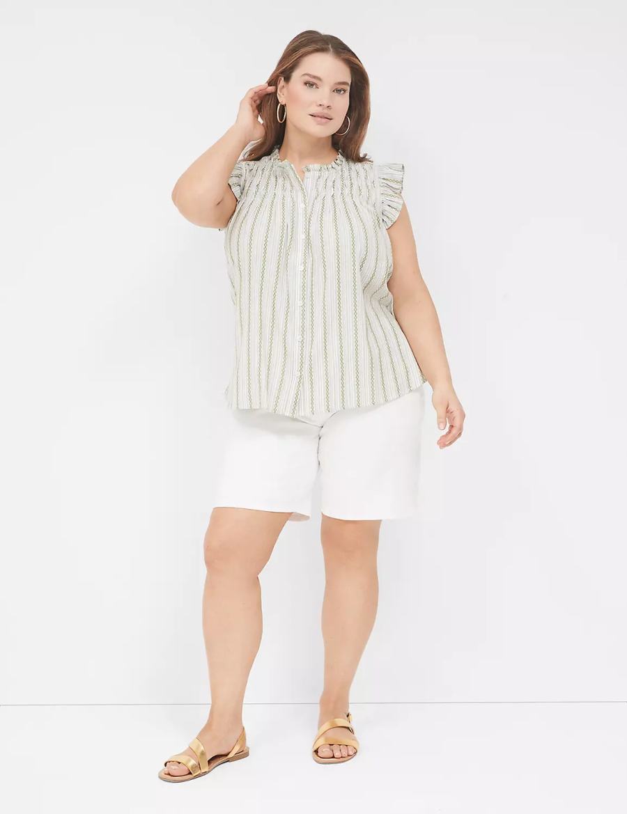 Lane Bryant Flutter-Sleeve Ruffle-Neck Women Blouse Green Stripes | AOD8775MM