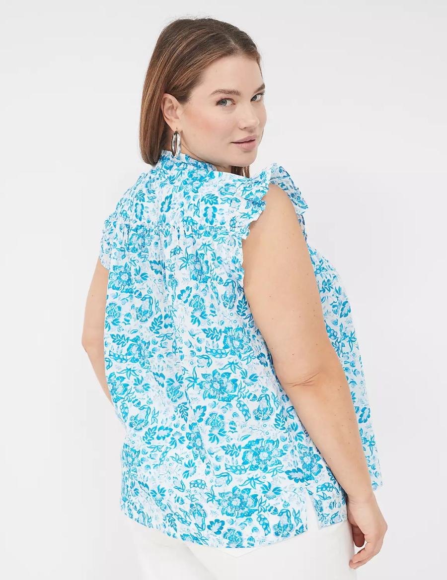 Lane Bryant Flutter-Sleeve Ruffle-Neck Women Blouse Blue | PVE8714UP