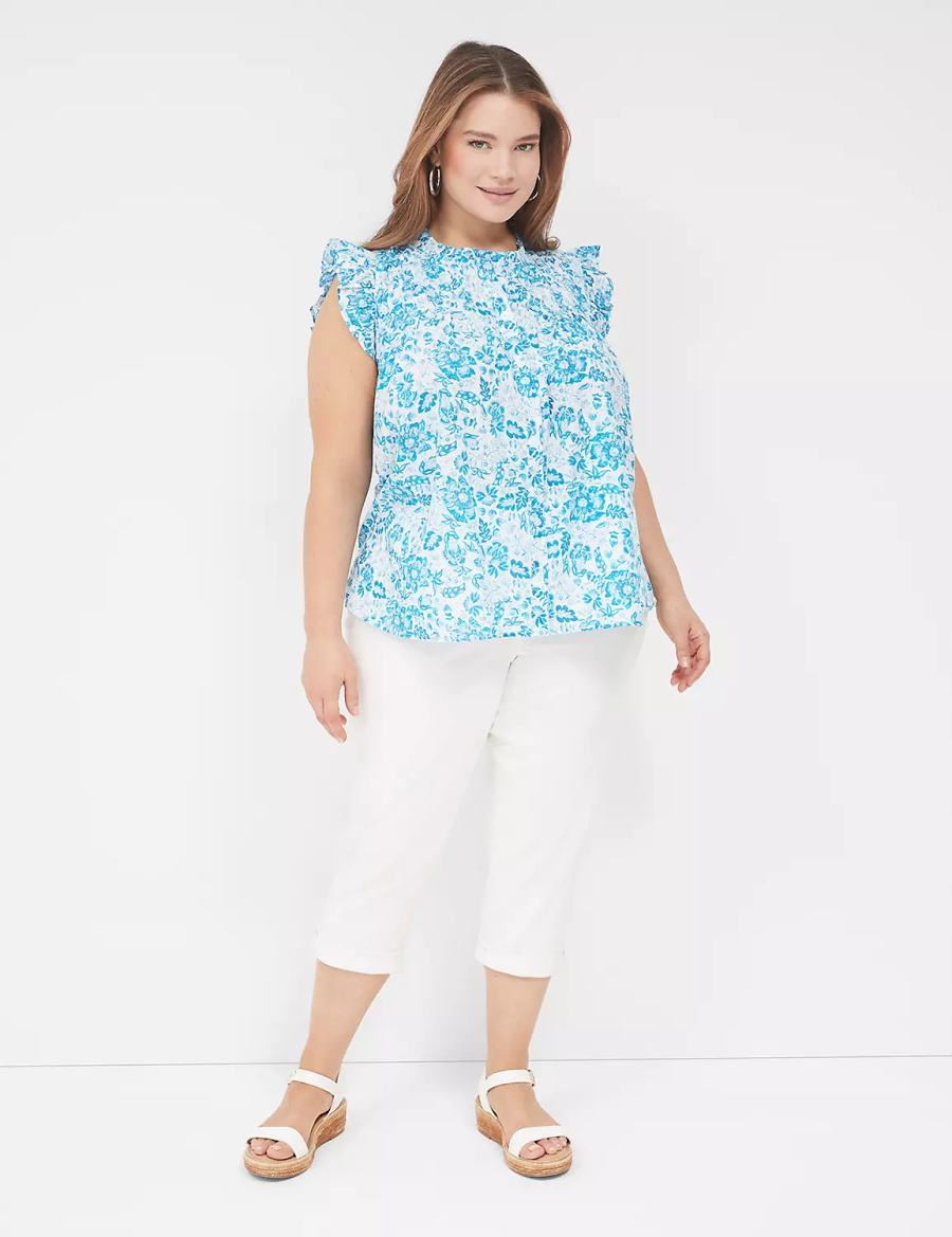 Lane Bryant Flutter-Sleeve Ruffle-Neck Women Blouse Blue | PVE8714UP