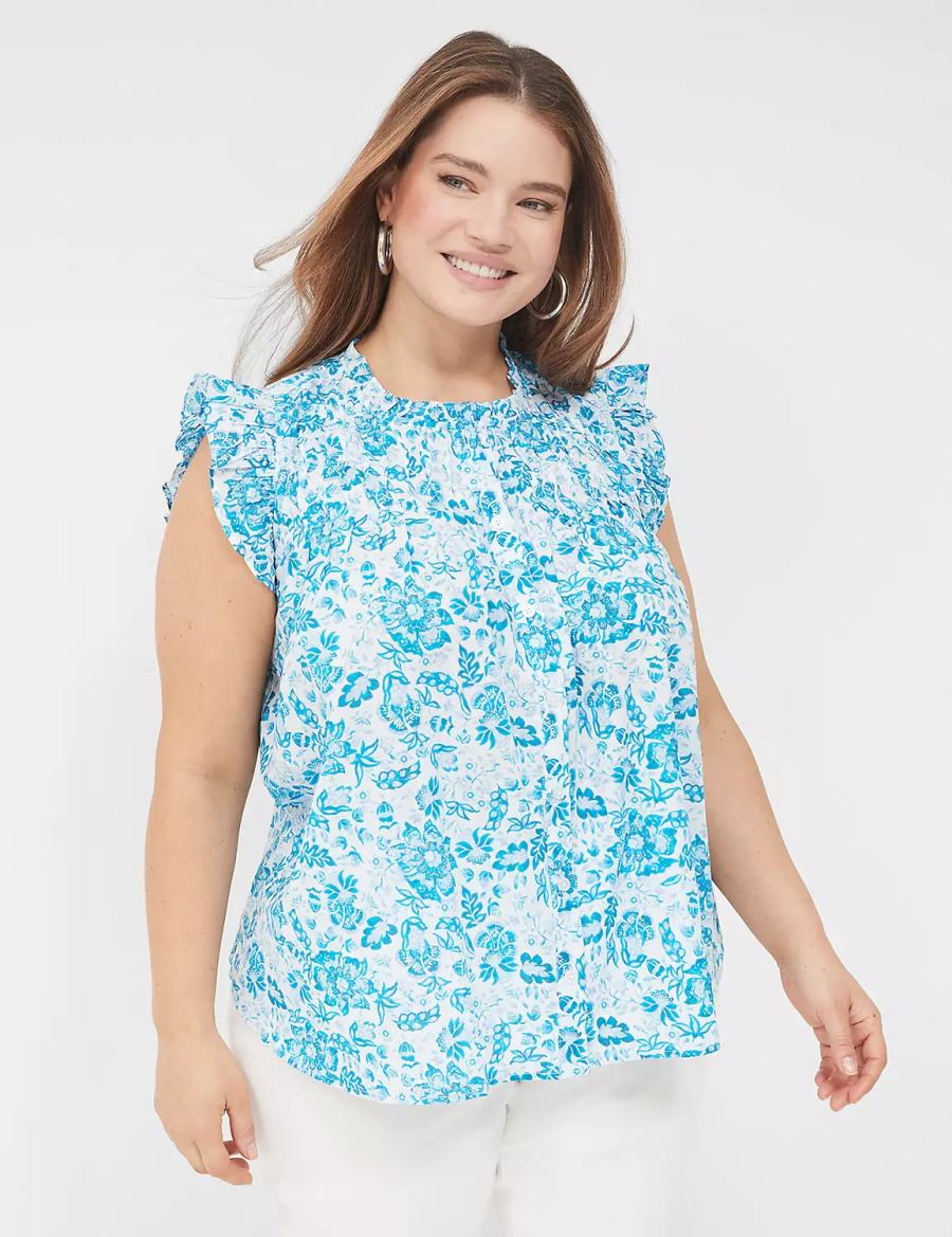 Lane Bryant Flutter-Sleeve Ruffle-Neck Women Blouse Blue | PVE8714UP