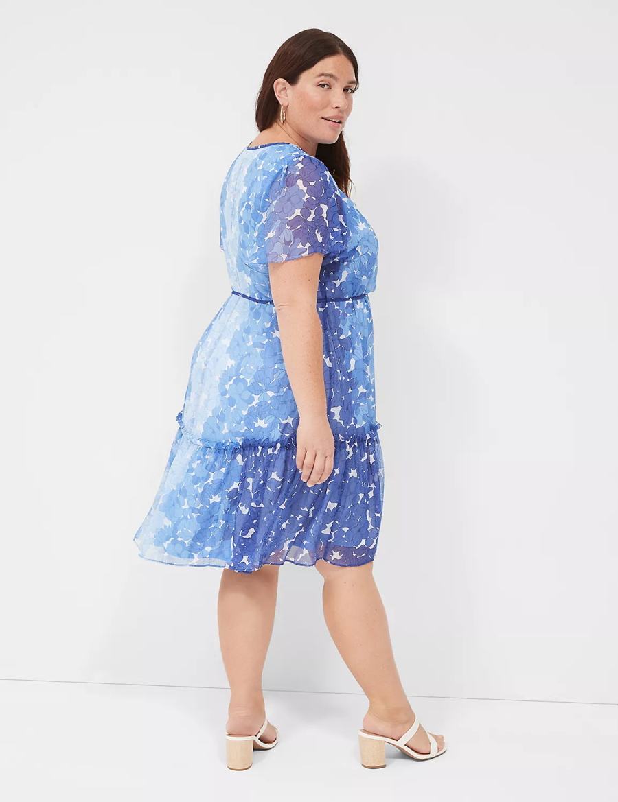 Lane Bryant Flutter-Sleeve Ruffle-Tier Women Casual Dress Blue | MVK7770WJ