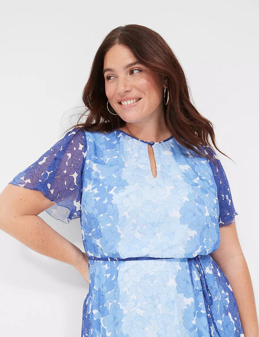 Lane Bryant Flutter-Sleeve Ruffle-Tier Women Casual Dress Blue | MVK7770WJ