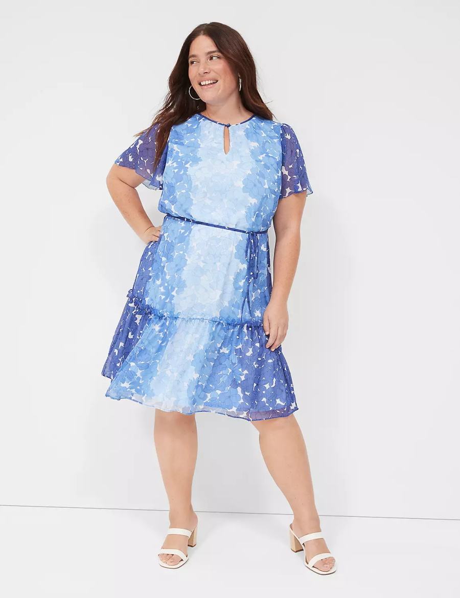 Lane Bryant Flutter-Sleeve Ruffle-Tier Women Casual Dress Blue | MVK7770WJ