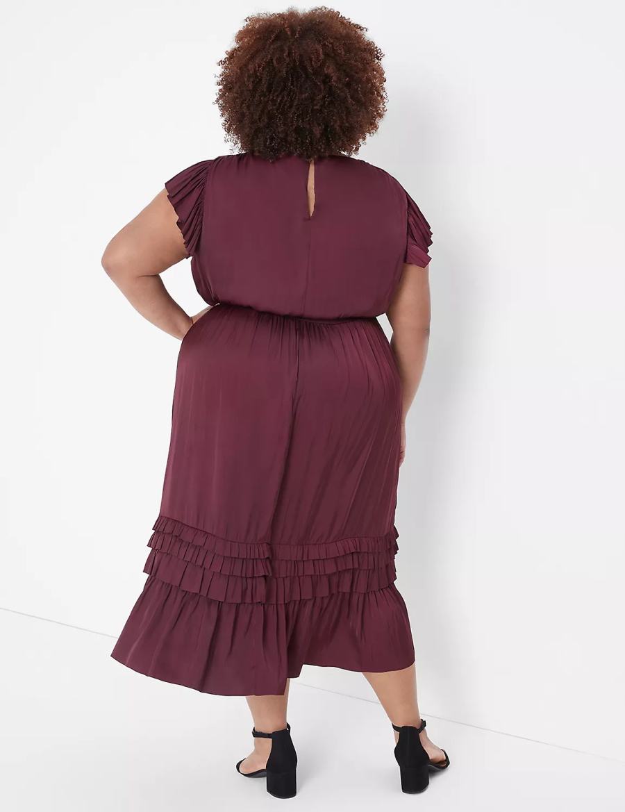 Lane Bryant Flutter-Sleeve Shirred Women Midi Dress Burgundy | QBZ9844BM