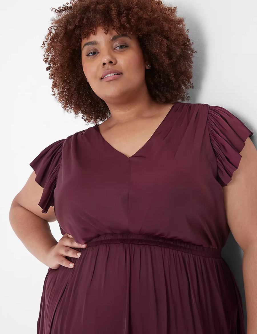 Lane Bryant Flutter-Sleeve Shirred Women Midi Dress Burgundy | QBZ9844BM