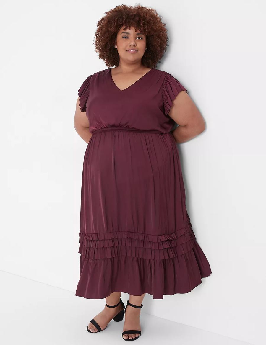 Lane Bryant Flutter-Sleeve Shirred Women Midi Dress Burgundy | QBZ9844BM