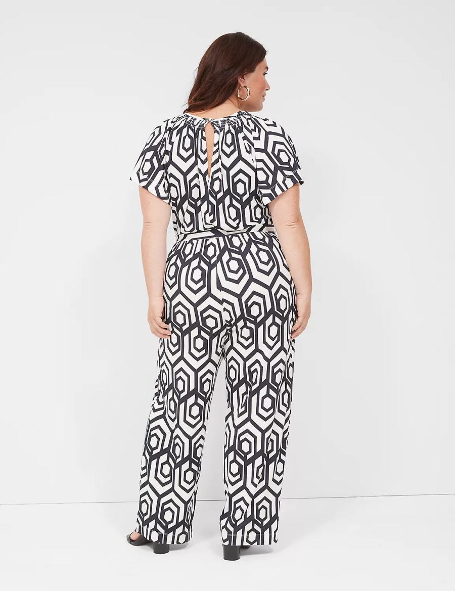 Lane Bryant Flutter-Sleeve Smocked-Neck Wide Leg Women Jumpsuit Navy | SYI4498AB