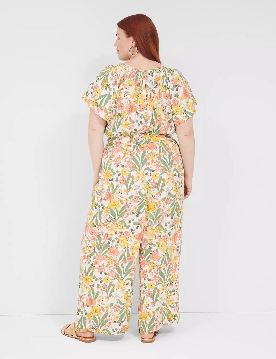 Lane Bryant Flutter-Sleeve Smocked-Neck Wide Leg Women Jumpsuit Yellow Multicolor | ZAN2630ED