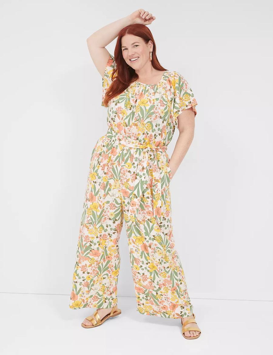 Lane Bryant Flutter-Sleeve Smocked-Neck Wide Leg Women Jumpsuit Yellow Multicolor | ZAN2630ED