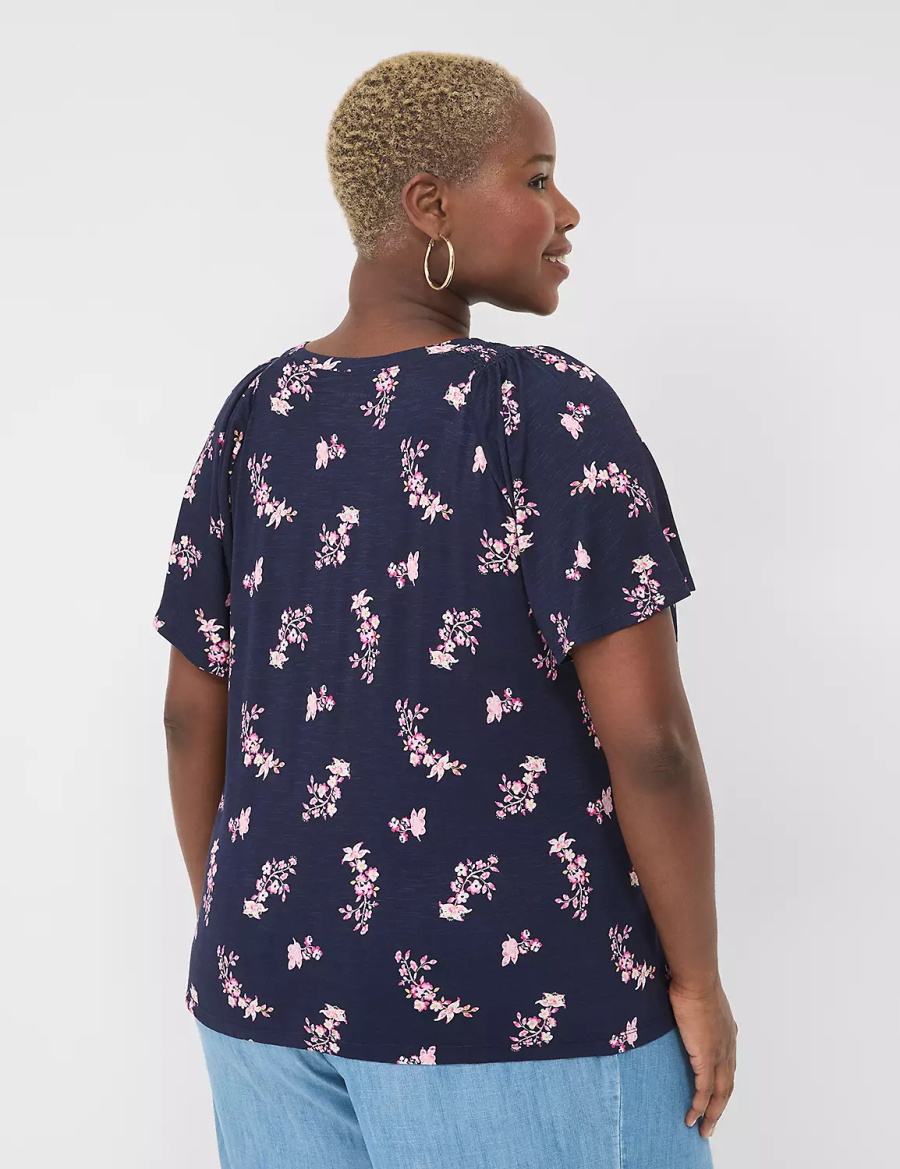 Lane Bryant Flutter-Sleeve Smocked Top Women T Shirts Pink Navy | SNP9170WC