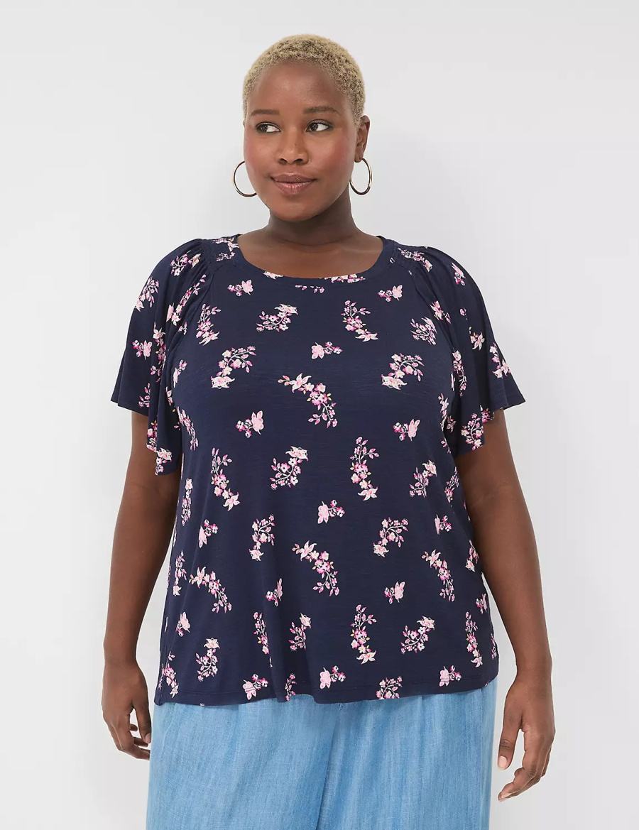 Lane Bryant Flutter-Sleeve Smocked Top Women T Shirts Pink Navy | SNP9170WC