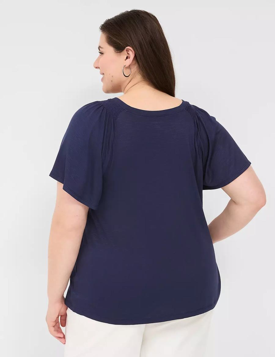 Lane Bryant Flutter-Sleeve Smocked Top Women T Shirts Blue | BFF7619ZH