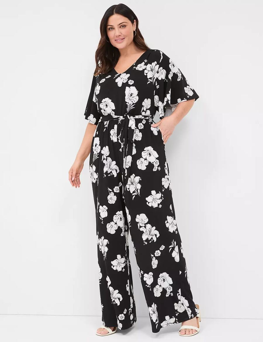 Lane Bryant Flutter-Sleeve Wide Leg Jersey Women Jumpsuit Black | SKC4232OA