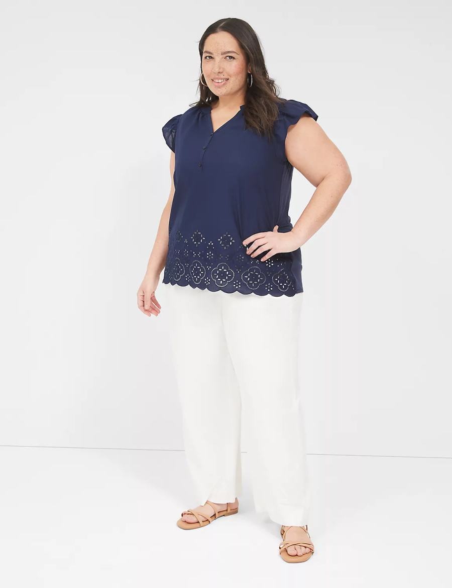 Lane Bryant Flutter-Sleeve Woven-Front Knit Top Women T Shirts Blue | FRO2699DG