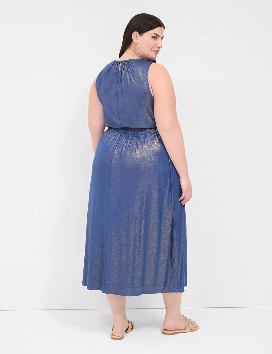 Lane Bryant Foil Shimmer Tie-Waist Women Midi Dress Dark Blue | PGJ385DP