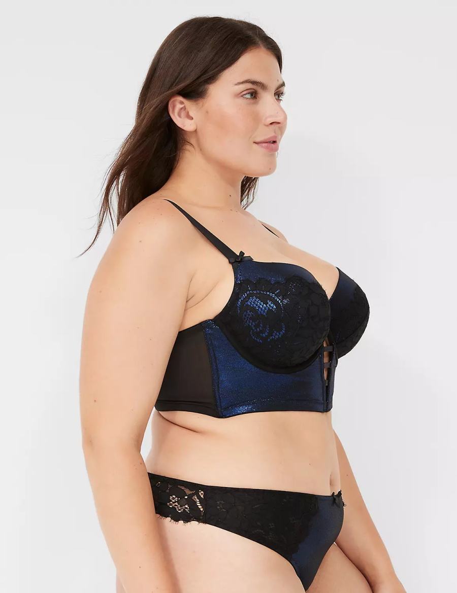 Lane Bryant Foil Shine Longline Women Balconette Bra Black | HGP2127RL