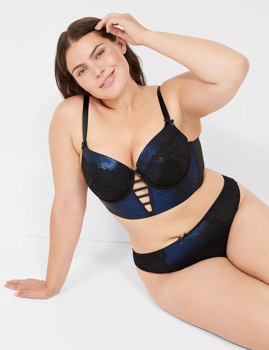 Lane Bryant Foil Shine Longline Women Balconette Bra Black | HGP2127RL