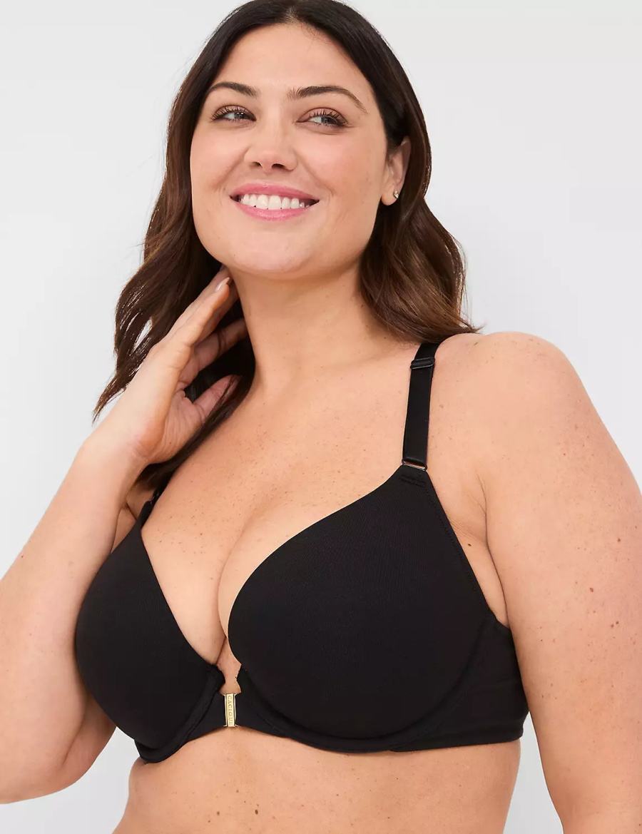 Lane Bryant Front-Close Cotton Boost Plunge Women Bralettes Black | WWJ263DU