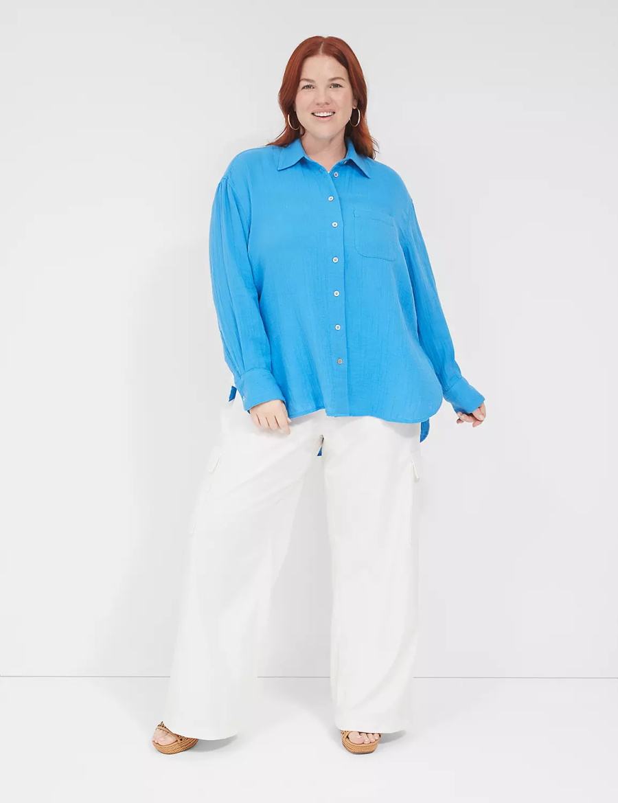 Lane Bryant Gauze Button-Down Beach Top Women Shirts Blue | QEW8992YS