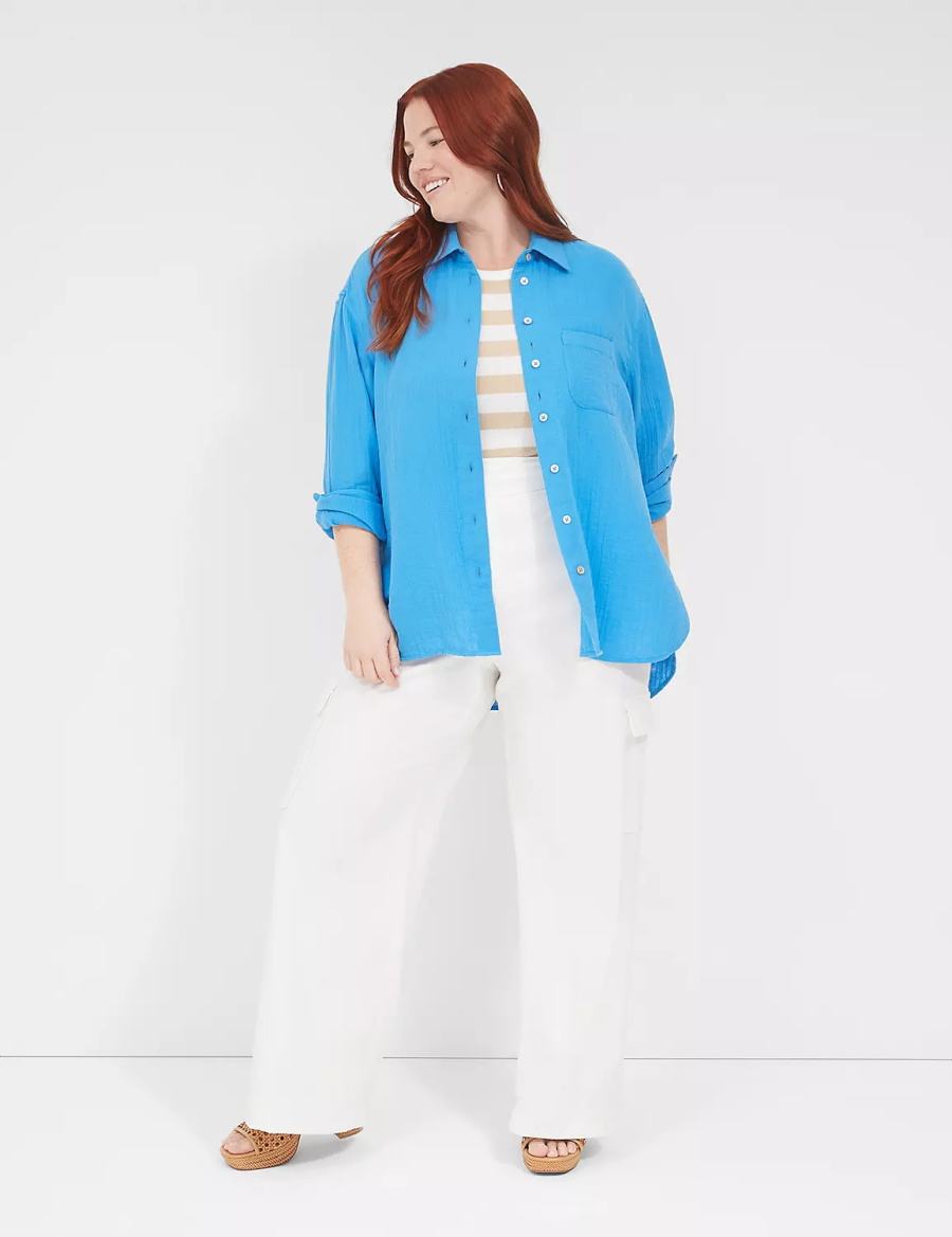 Lane Bryant Gauze Button-Down Beach Top Women Shirts Blue | QEW8992YS