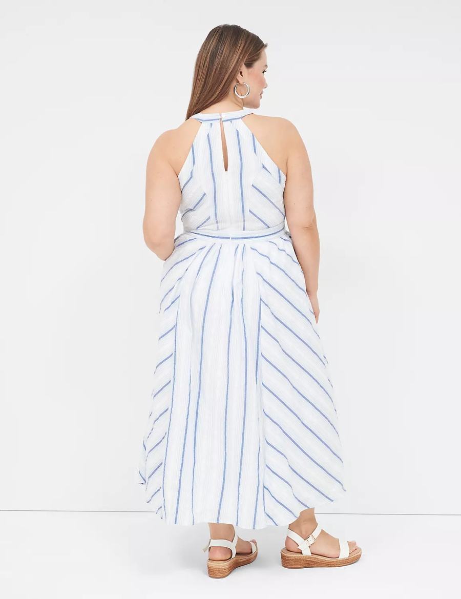 Lane Bryant Halter-Neck Women Maxi Dress White Blue | KKZ3611PS