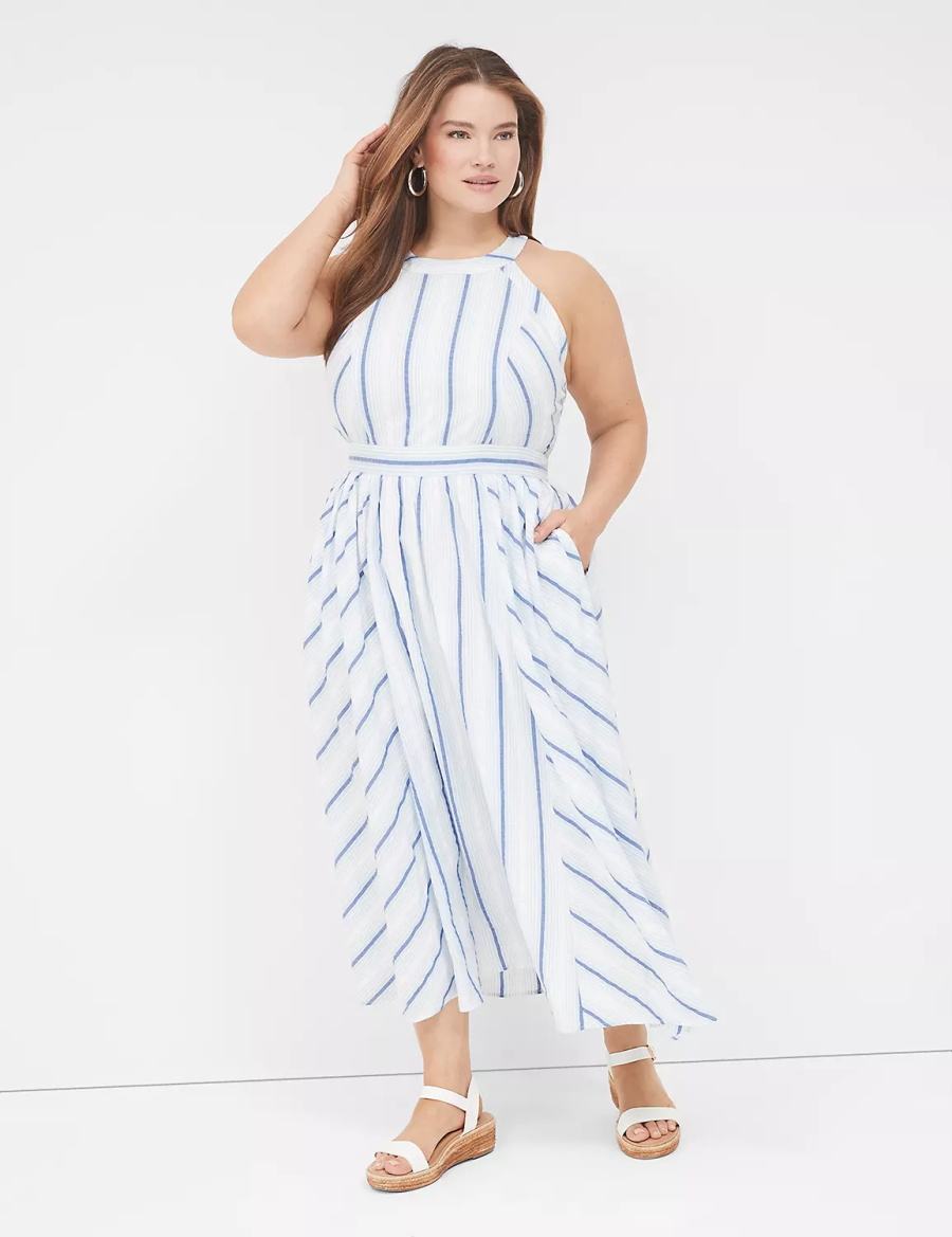 Lane Bryant Halter-Neck Women Maxi Dress White Blue | KKZ3611PS