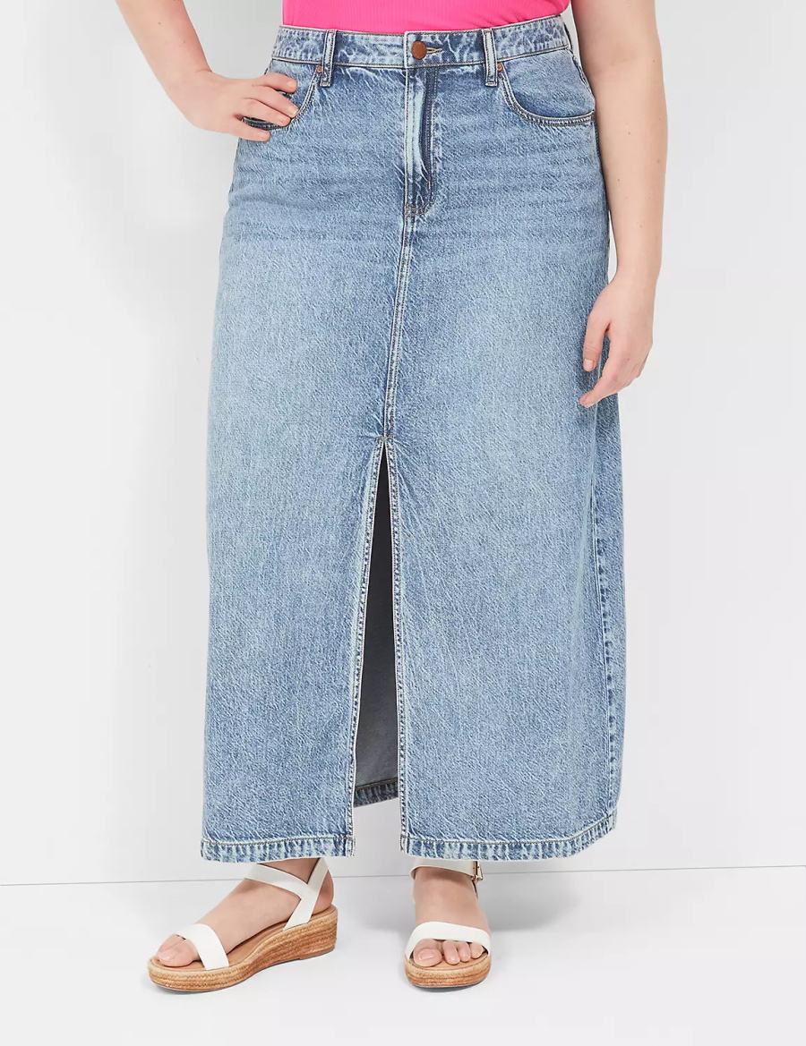 Lane Bryant High-Rise Front-Slit Denim Maxi Women Skirts Light Blue | DTW324EI