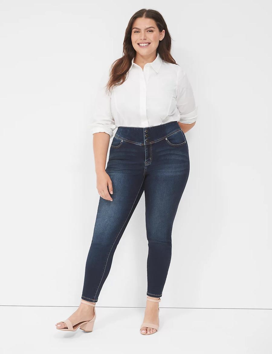 Lane Bryant High-Rise Sateen 3-Button Women Jeggings Dark Blue | EJG3829ID