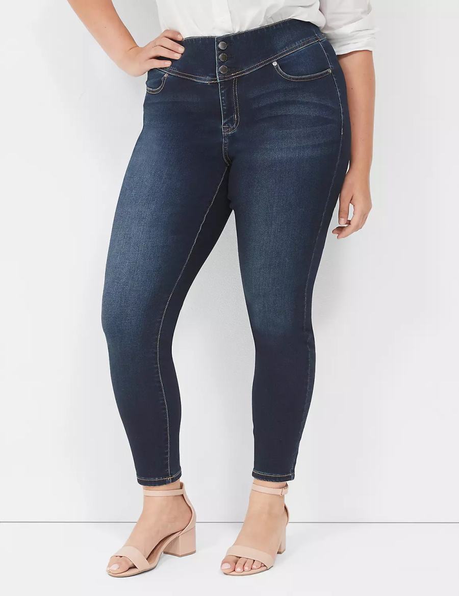 Lane Bryant High-Rise Sateen 3-Button Women Jeggings Dark Blue | EJG3829ID