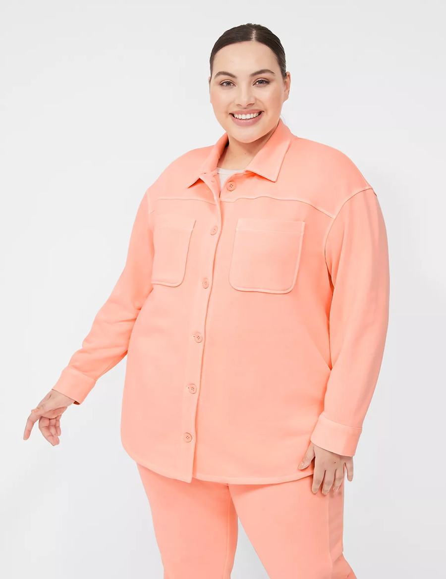 Lane Bryant LIVI Button-Front French Terry Shacket Women Shirts Coral | RDG4624AV