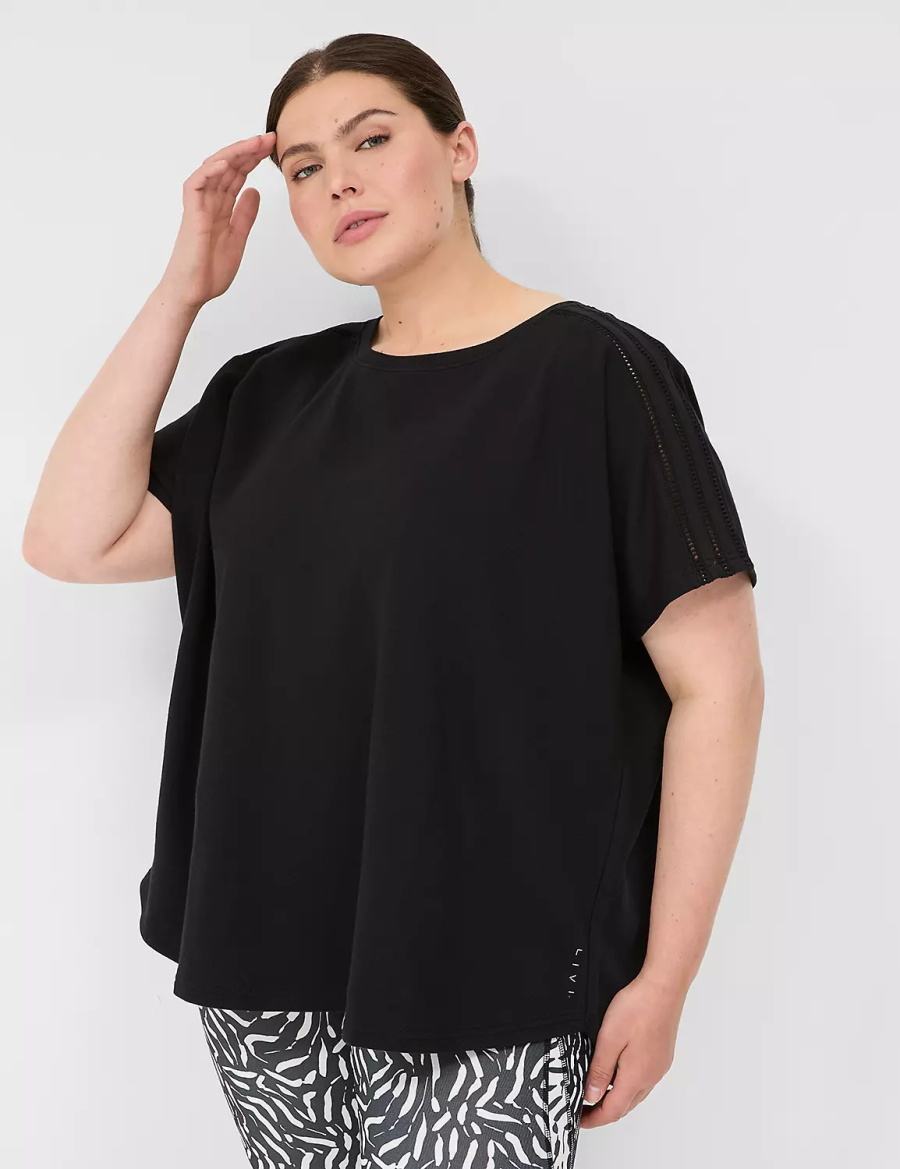 Lane Bryant LIVI Crochet-Detail French Terry Top Women T Shirts Black | GBG5282OK