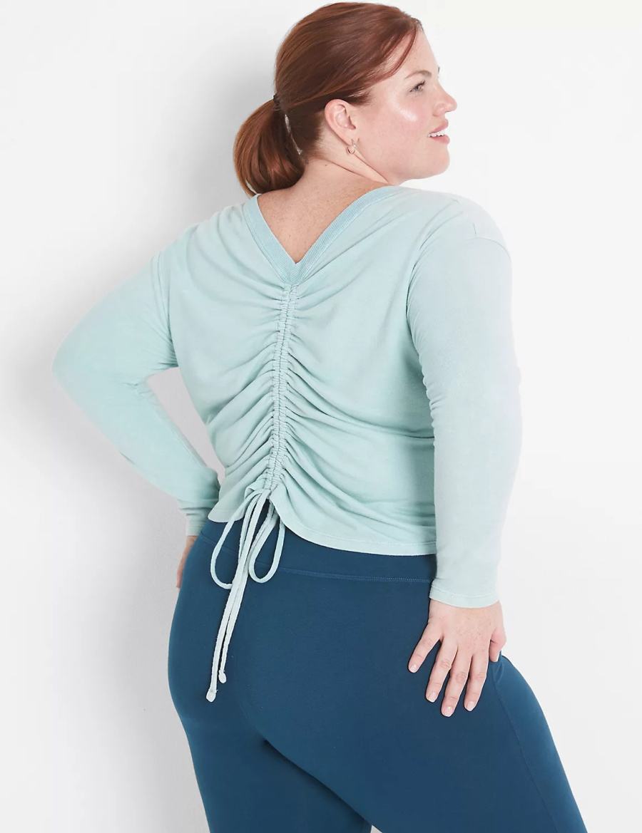 Lane Bryant LIVI Crop Boatneck Ruched-Detail Women Sweatshirts Light Green | CLF4311TS